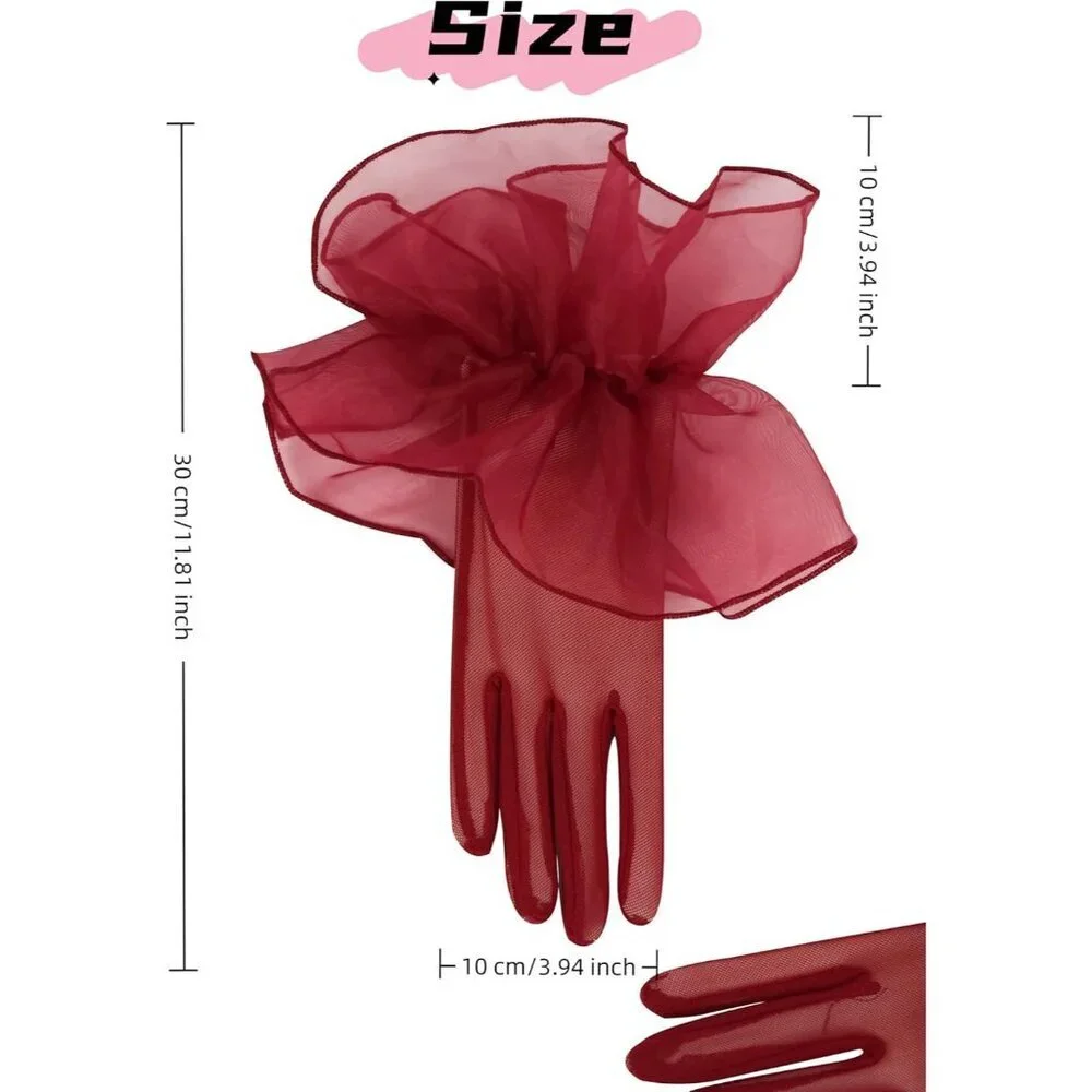 Women's Pink Short Mesh Imported Tulle Sheer Lace Ruffles Gloves